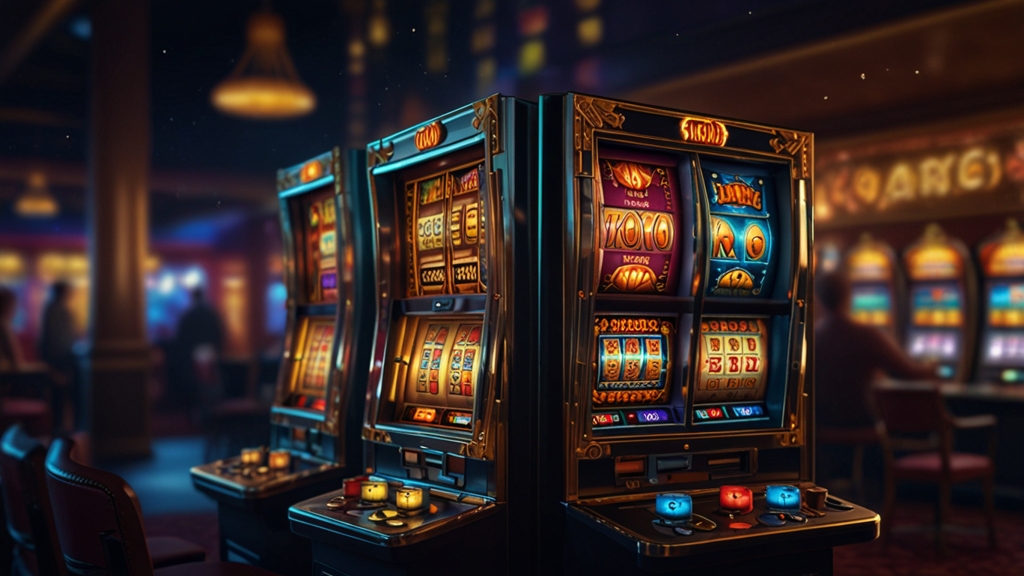Giri gratuiti evidenziati su una slot in un casinò scuro