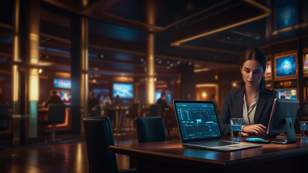 Scrivania di verifica con documenti e scanner in un ambiente casino